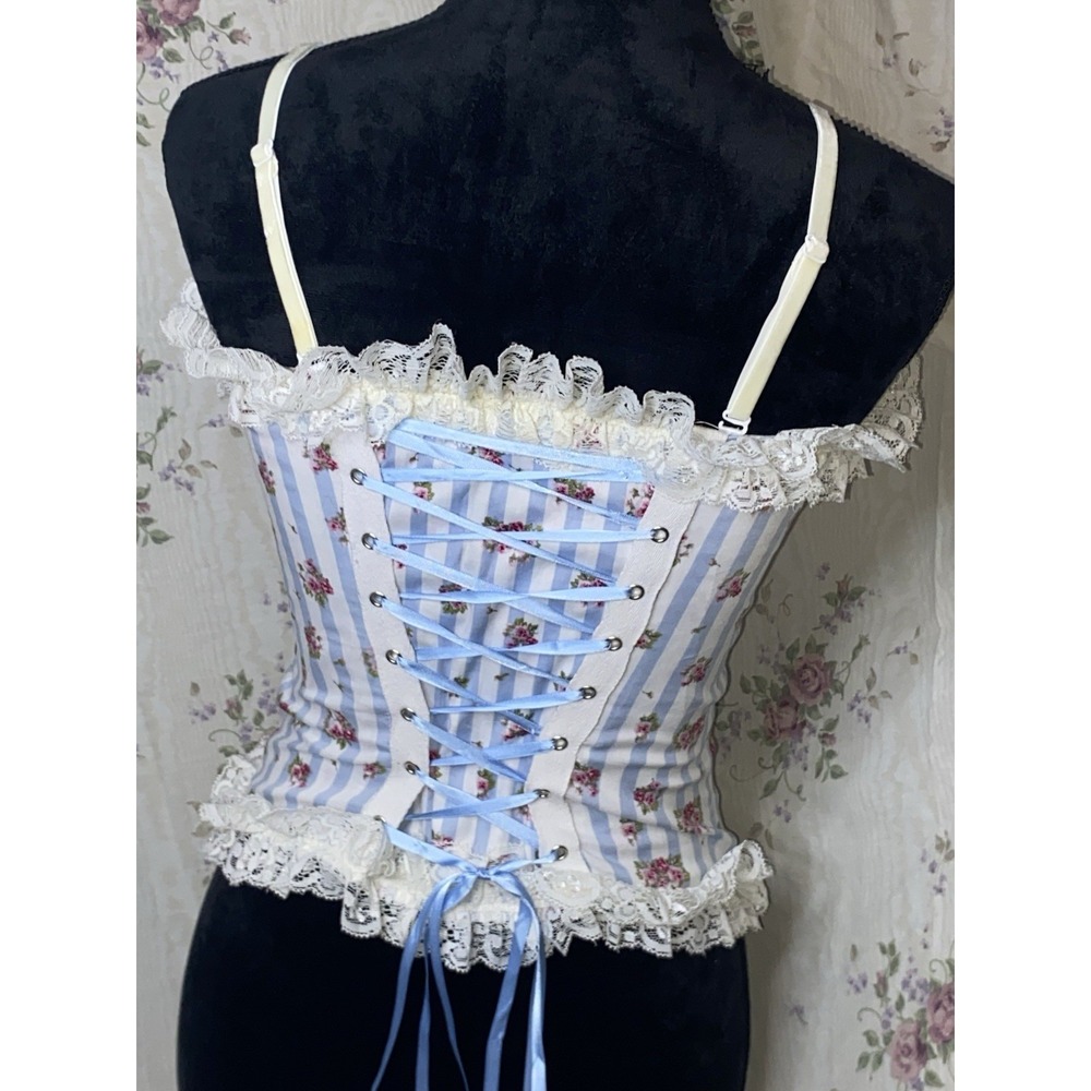 RARE Hell Bunny Corset XS Cottagecore Blue Floral And Lace Velvet Straps - Picture 6 of 15